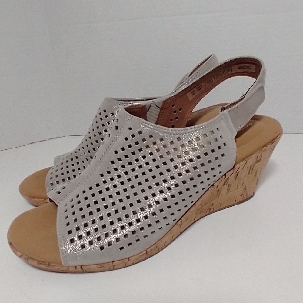 Rockport Briah Perforated Slingback Wedge, Silver Metallic Leather,‎ Size 8.5